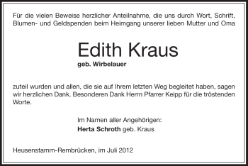 Traueranzeige von Edith Kraus von OFFENBACH-POST/HANAU-POST