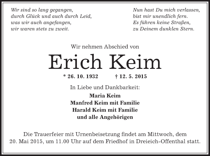  Traueranzeige für Erich Keim vom 16.05.2015 aus Offenbach