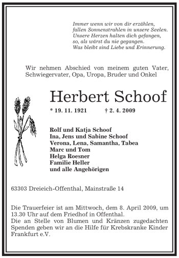 Traueranzeige von Herbert Schoof von OFFENBACH-POST/HANAU-POST