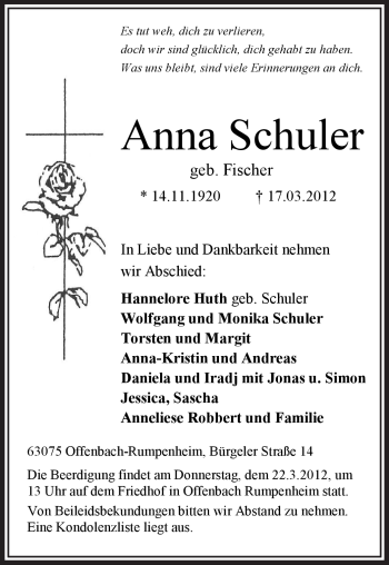 Traueranzeige von Anna Schuler von OFFENBACH-POST/HANAU-POST