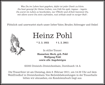 Traueranzeige von Heinz Pohl von OFFENBACH-POST/HANAU-POST