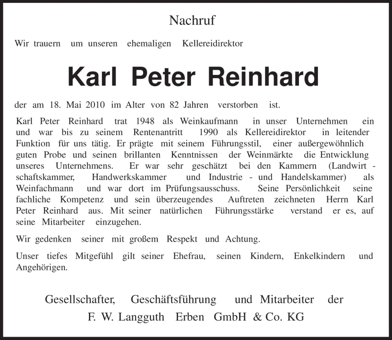  Traueranzeige für Karl Peter Reinhard vom 22.05.2010 aus OFFENBACH-POST/HANAU-POST