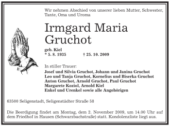 Traueranzeige von Irmgard Maria Gruchot von OFFENBACH-POST/HANAU-POST