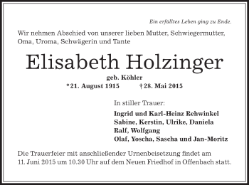 Traueranzeige von Elisabeth Holzinger von Offenbach