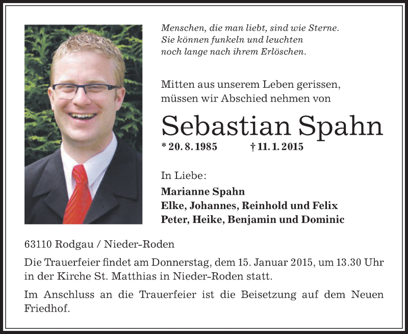  Traueranzeige für Sebastian Spahn vom 14.01.2015 aus Offenbach