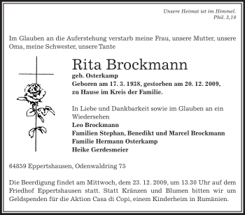 Traueranzeige von Rita Brockmann von OFFENBACH-POST/HANAU-POST