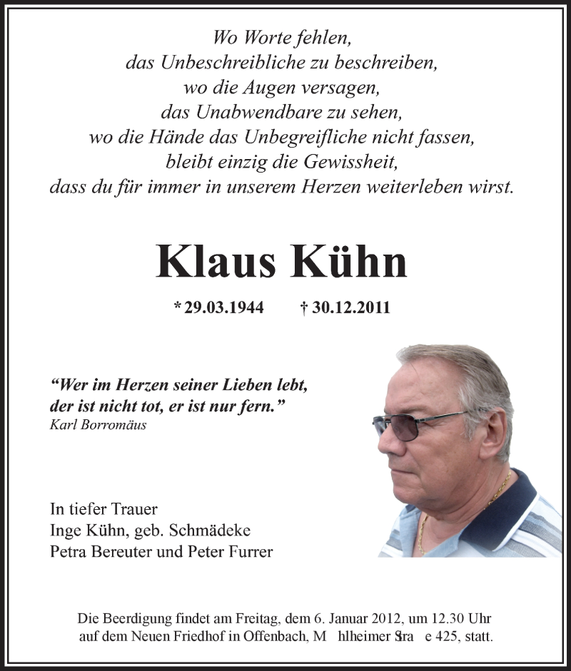  Traueranzeige für Klaus Kühn vom 03.01.2012 aus OFFENBACH-POST/HANAU-POST