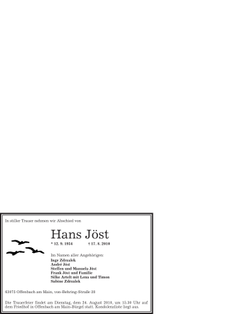 Traueranzeige von Hans Jöst von OFFENBACH-POST/HANAU-POST