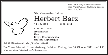 Traueranzeige von Herbert Barz von OFFENBACH-POST/HANAU-POST