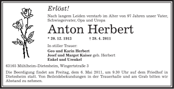 Traueranzeige von Anton Herbert von OFFENBACH-POST/HANAU-POST