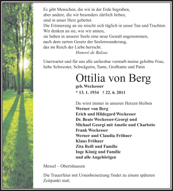 Traueranzeige von Ottilia von Berg von OFFENBACH-POST/HANAU-POST