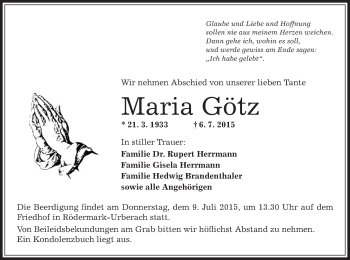 Traueranzeige von Maria Götz von Offenbach