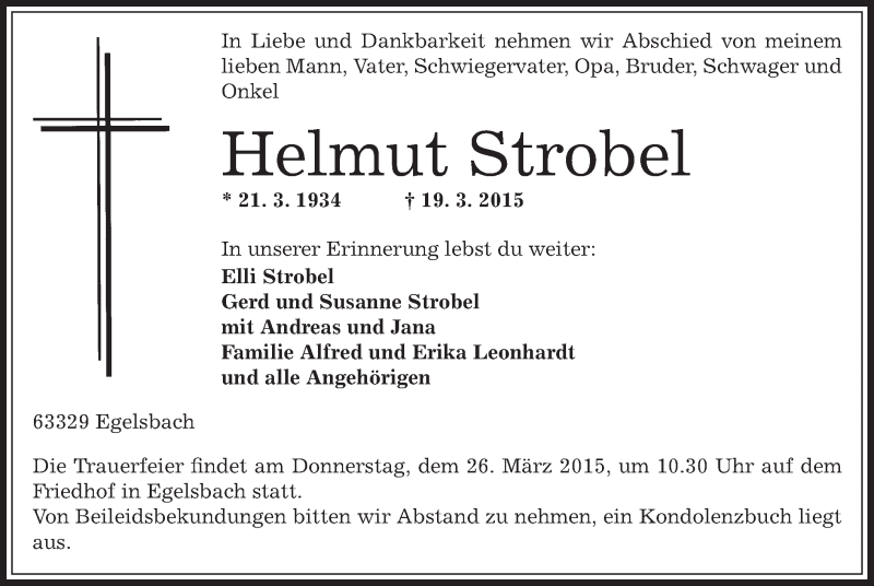  Traueranzeige für Helmut Strobel vom 24.03.2015 aus Offenbach