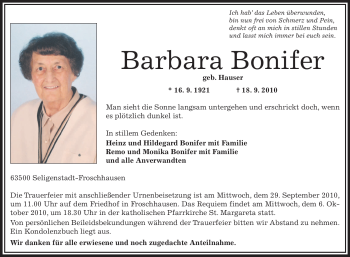 Traueranzeige von Barbara Bonifer von OFFENBACH-POST/HANAU-POST