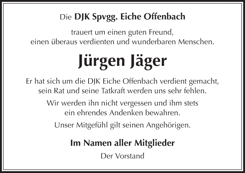  Traueranzeige für Jürgen Jäger vom 01.05.2015 aus Offenbach