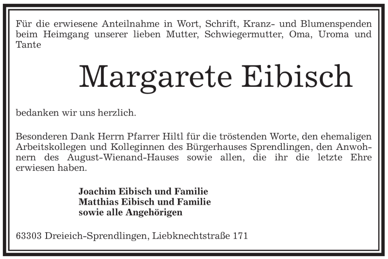  Traueranzeige für Margarete Eibisch vom 25.06.2009 aus OFFENBACH-POST/HANAU-POST
