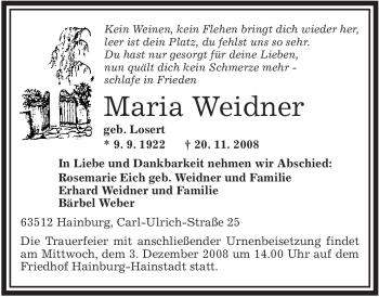 Traueranzeige von Maria Weidner von OFFENBACH-POST/HANAU-POST