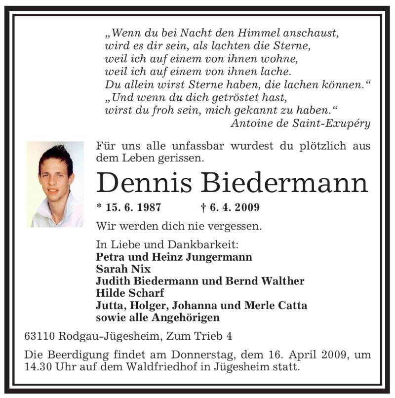  Traueranzeige für Dennis Biedermann vom 10.04.2009 aus OFFENBACH-POST/HANAU-POST