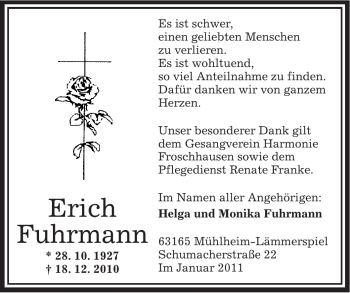 Traueranzeige von Erich Fuhrmann von OFFENBACH-POST/HANAU-POST