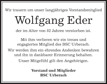 Traueranzeige von Wolfgang Eder von Offenbach