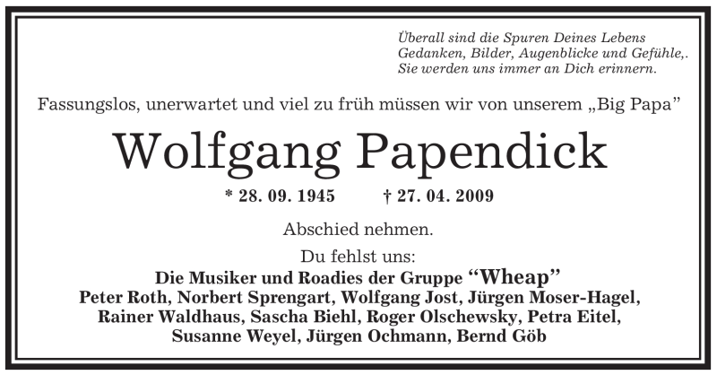  Traueranzeige für Wolfgang Papendick vom 01.05.2009 aus OFFENBACH-POST/HANAU-POST