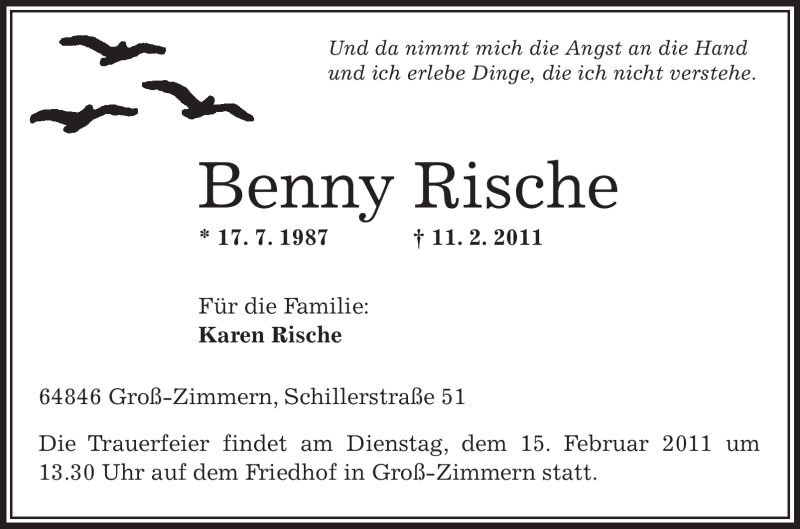  Traueranzeige für Benny Rische vom 14.02.2011 aus OFFENBACH-POST/HANAU-POST