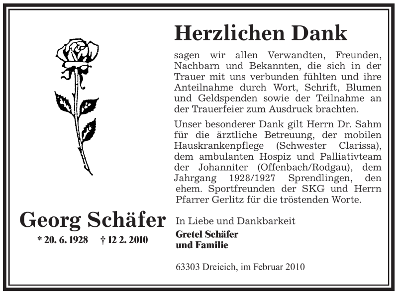  Traueranzeige für Georg Schäfer vom 04.03.2010 aus OFFENBACH-POST/HANAU-POST