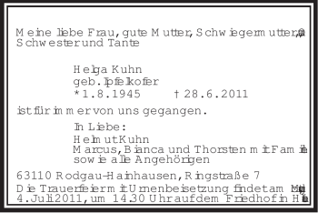 Traueranzeige von Helga Kuhn von OFFENBACH-POST/HANAU-POST