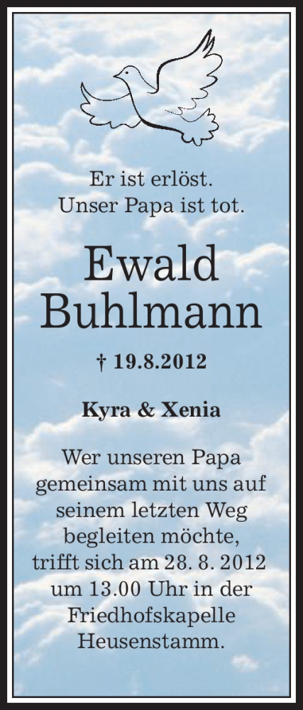  Traueranzeige für Ewald Buhlmann vom 25.08.2012 aus OFFENBACH-POST/HANAU-POST