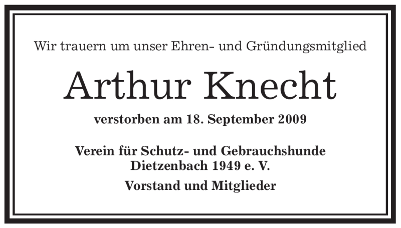  Traueranzeige für Arthur Knecht vom 08.10.2009 aus OFFENBACH-POST/HANAU-POST