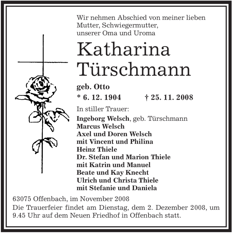  Traueranzeige für Katharina Türschmann vom 01.12.2008 aus OFFENBACH-POST/HANAU-POST
