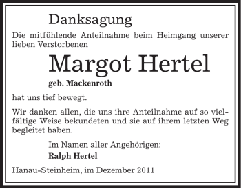 Traueranzeige von Margot Hertel von OFFENBACH-POST/HANAU-POST