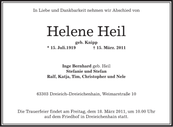 Traueranzeige von Helene Heil von OFFENBACH-POST/HANAU-POST