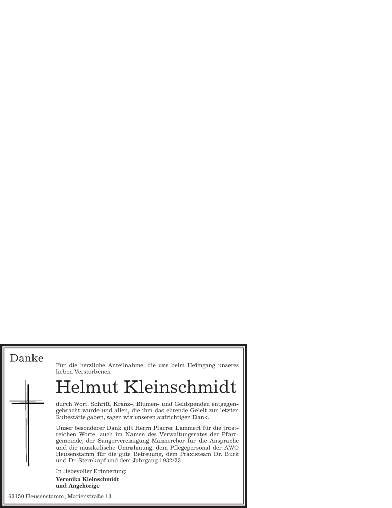  Traueranzeige für Helmut Kleinschmidt vom 14.08.2010 aus OFFENBACH-POST/HANAU-POST