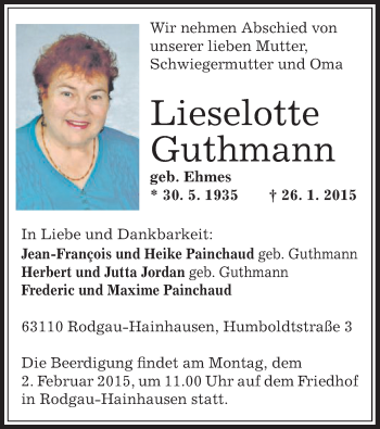 Traueranzeige von Lieselotte Gutmann von Offenbach