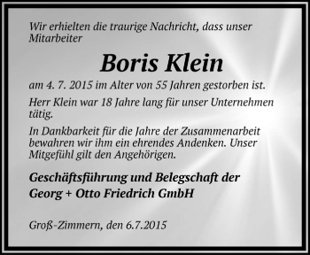 Traueranzeige von Boris Klein von Rheinmain