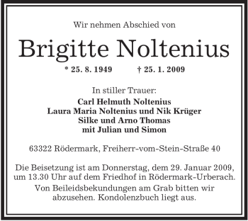 Traueranzeige von Brigitte Noltenius von OFFENBACH-POST/HANAU-POST