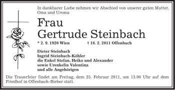 Traueranzeige von Gertrude Steinbach von OFFENBACH-POST/HANAU-POST