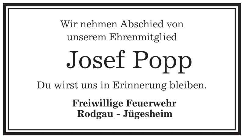  Traueranzeige für Josef Popp vom 21.01.2010 aus OFFENBACH-POST/HANAU-POST