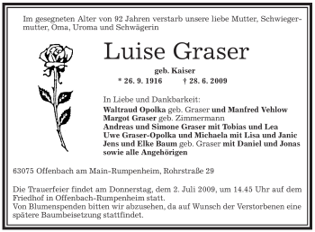 Traueranzeige von Luise Graser von OFFENBACH-POST/HANAU-POST