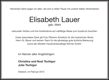 Traueranzeige von Elisabeth Lauer von OFFENBACH-POST/HANAU-POST