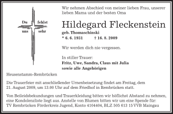 Traueranzeige von Hildegard Fleckenstein von OFFENBACH-POST/HANAU-POST