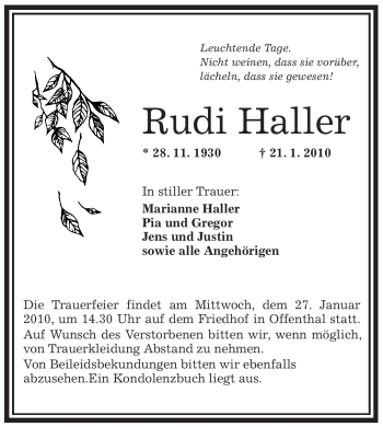 Traueranzeige von Rudi Haller von OFFENBACH-POST/HANAU-POST