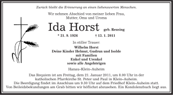 Traueranzeige von Ida Horst von OFFENBACH-POST/HANAU-POST