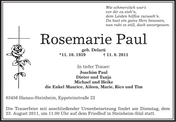 Traueranzeige von Rosemarie Paul von OFFENBACH-POST/HANAU-POST