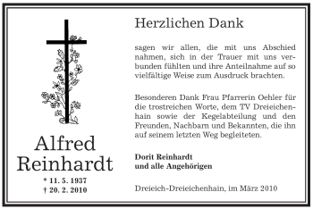 Traueranzeige von Alfred Reinhardt von OFFENBACH-POST/HANAU-POST