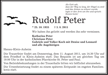 Traueranzeige von Rudolf Peter von OFFENBACH-POST/HANAU-POST