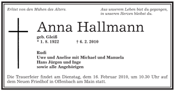 Traueranzeige von Anna Hallmann von OFFENBACH-POST/HANAU-POST