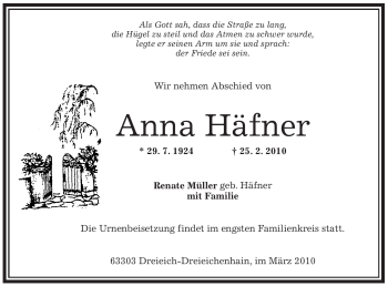 Traueranzeige von Anna Häfner von OFFENBACH-POST/HANAU-POST