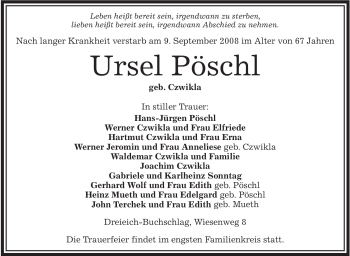 Traueranzeige von Ursel Pöschl von OFFENBACH-POST/HANAU-POST